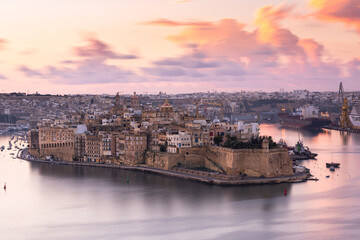 Fototapeta na wymiar Cityscape of Senglea at sunrise,Malta. One of Three Cities in Grand Harbour