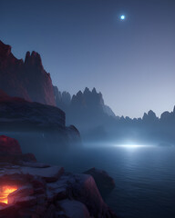 sunset in the mountains on an alien planet