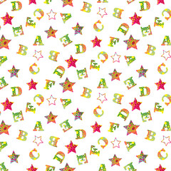 isolated seamless colorful pattern with stars and letters, for children textile, print, wrapping paper, wallpaper, background, alphabet, ABC, 