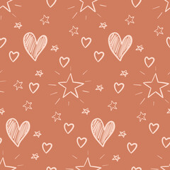 Seamless pattern with hand drawn stars and hearts. Vector illustration