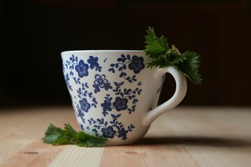A porcelain cup with a pattern of flowers and mint leaves. The dishes are on a wooden table.