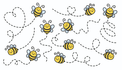 Bee path bundle. Cartoon bee flying route. The flight path. Honey bee collection - obrazy, fototapety, plakaty