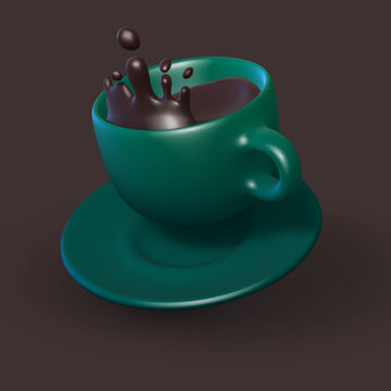 3D ceramic cup with splash of coffee or hot chocolate in motion. Falling porcelain mug on brown background. Green cup of hot drink on plate. Vector illustration.