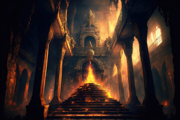 AI generated image of a mysterious medieval temple of eternal fire in a forest