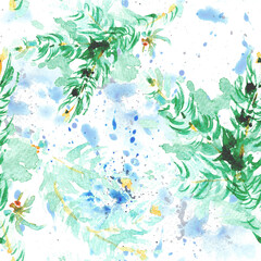 Seamless pattern with branches and marbles. Watercolor, painted by hand with paper texture. Isolated on white background.