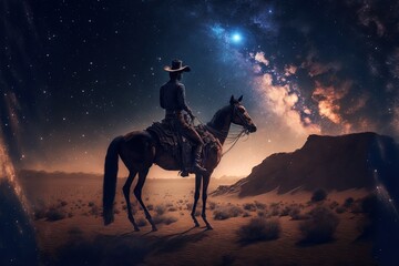 Cowboy riding horse at night. milky way galaxy.  Fantasy scenery. Generative AI