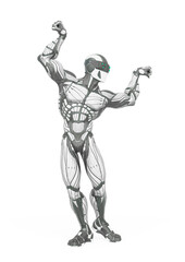 Fototapeta premium super hero is doing a dynamic bodybuilder pose in an exosuit