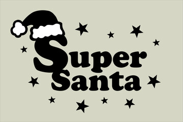 Super Santa, writing with red cap and stars, comic book style