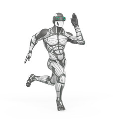 super hero in a exosuit is running in action