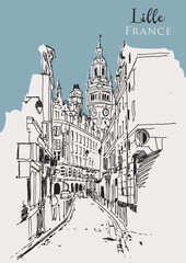 Vector hand drawn sketch illustration of Lille, France