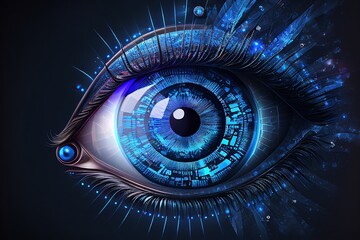 Human android cyborg eye futuristic control protection personal internet security access.Concept robot dna system, future scientific technology innovation science. Blue polygonal vector