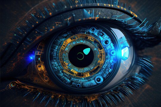 Human android cyborg eye futuristic control protection personal internet security access.Concept robot dna system, future scientific technology innovation science. Blue polygonal vector