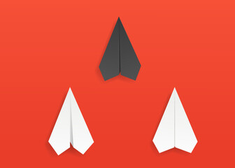 Realistic paper plane. Business background group of white paper plane flying in one direction one of them black. New ideas competition, creativity. Concept of leadership, teamwork and success.