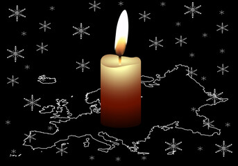 Navidad en Europa con copos de nieve y a la luz de una vela encendida. Ahorro energético en Europa en invierno © Gabrieuskal