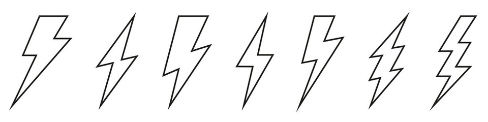 Vector electric lightning bolt logo set isolated on white background for electric power symbol, poster, t shirt. Thunder icon. Storm pictogram. Flash