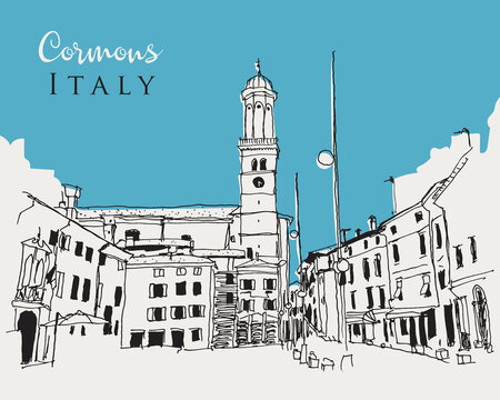 Drawing sketch illustration of Cormons town in Italy