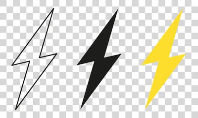 Vector electric lightning bolt logo set isolated on white background for electric power symbol, poster, t shirt. Thunder icon. Storm pictogram. Flash