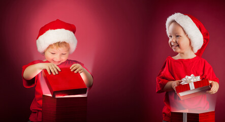 two happy boy open christmas gift-box