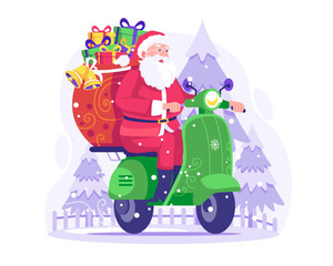 Happy Santa Claus with a sack full of Gift boxes riding a scooter to deliver gifts on Christmas Day. Vector illustration in flat style