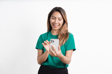 Portrait of asian businesswoman using mobile phone isolated over white background.