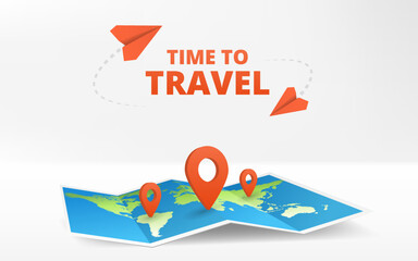Geography map. Time to travel. Foldable world map with place mark pined. Fold paper leaflet. Touristic equipment with dots pointer of position. Sheet of paper. Navigation gps concept of traveling.