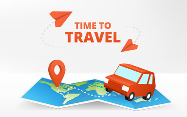Geography map. Time to travel. Fold paper world map with place mark pined. Touristic equipment with dots pointer of position. Carsharing tracking app. Red car. Navigation gps concept of traveling.