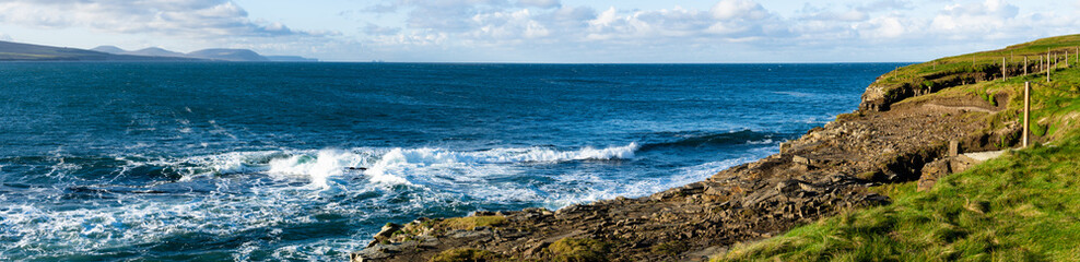 Panorama of Downpatrick head. View of the Atlantic Ocean. Northern Ireland.