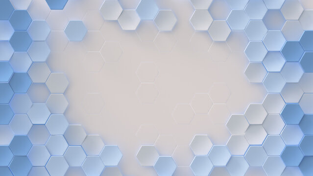 White and blue hexagons geometric background 3D render