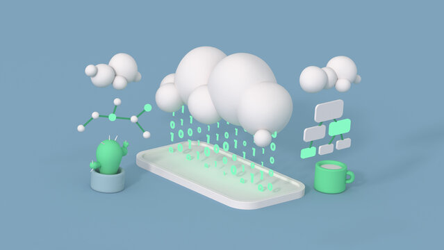 Connection between mobile phone and cloud data center 3D render illustration