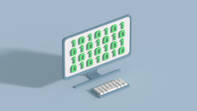 Minimal computer with digital code isometric 3D render illustration