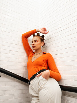 Stylish woman with bantu knots