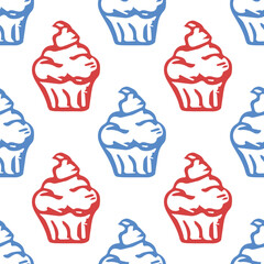 Seamless cake pattern. Sweets and candy background. Doodle vector illustration with sweets and candy icons