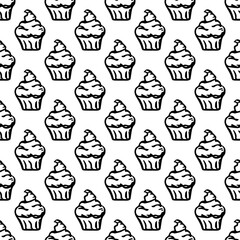 Seamless cake pattern. Sweets and candy background. Doodle vector illustration with sweets and candy icons
