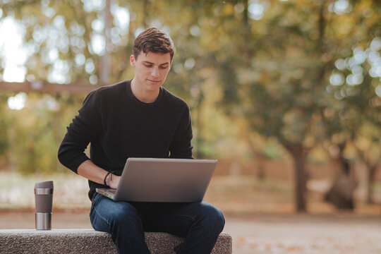 Man working on laptop in park