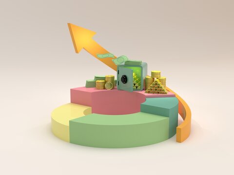 3d safe box, gold, gold coins and cash placed on the top layer pie chart. the concept of saving money Successful business operation.