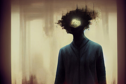 Mental illness concept. Beginning depression, bad thinking. Abstract person with broken head. Overgrown problems