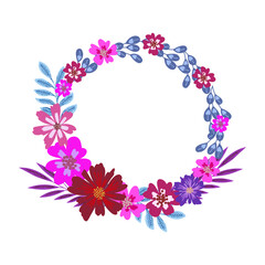 Round frame with pretty flowers. Festive floral circle for your season design.