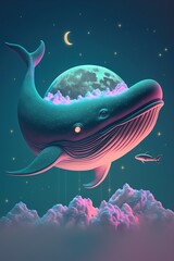 Obraz na płótnie Canvas Whale. cloud. moon. Vaporwave style. Retrofuturistic.