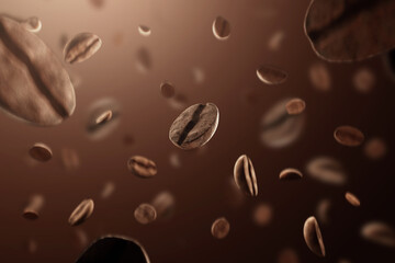 Coffee beans in flight on a brown background. The concept of morning, caffeine, break, exercise, energy. 3d illustration, 3d render, copy space.