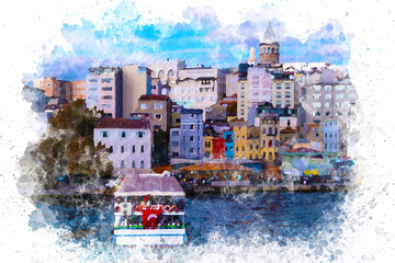 Galata tower in Istanbul, view from the Golden Horn, Historical Ottoman districts, watercolor effect