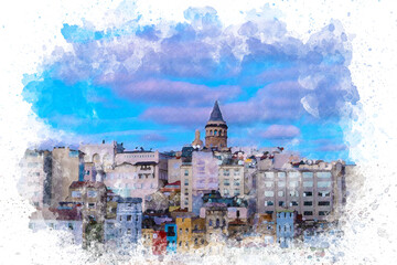 Obraz premium Galata tower in Istanbul, view from the Golden Horn, Historical Ottoman districts, watercolor effect