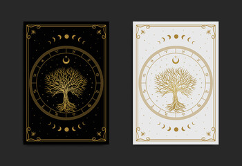 Obraz premium Sacred tree mystical with night sky vector design