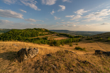 Fototapeta premium Dolomitfelsen am Tafelberg Ehrenbürg oder das „Walberla“,Naturpark Fränkische Schweiz, Landkreis Forchheim, Oberfranken, Franken, Bayern, Deutschland.