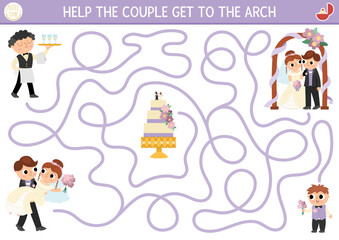 Wedding maze for kids with bride, groom, cake. Marriage ceremony preschool printable activity. Matrimonial labyrinth game, puzzle. Help just married couple get to the arch.