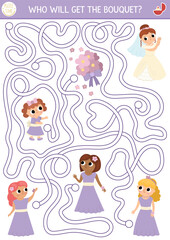 Wedding maze for kids with bride, flowers and bridesmaids. Marriage ceremony preschool printable activity. Matrimonial labyrinth game, puzzle with cute girls in gowns. Who will get the bouquet.