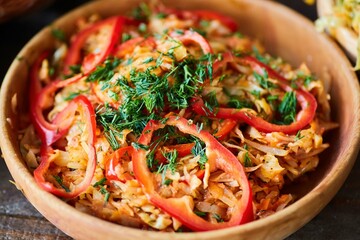 Fried cabbage in a wooden bowl on the table. Decoration of sweet pepper and green dill.