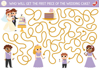 Wedding maze for kids with bride and groom cutting the cake. Marriage ceremony preschool printable activity. Matrimonial labyrinth game, puzzle with guests. Who will get the first piece of dessert.