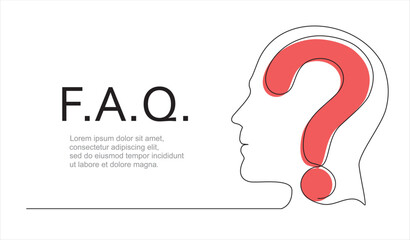 The head of a man with a question mark. FAQ is drawn by a single black line on a white background. Continuous line drawing. Vector illustration.