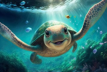 cute turtle smiling under the sea.