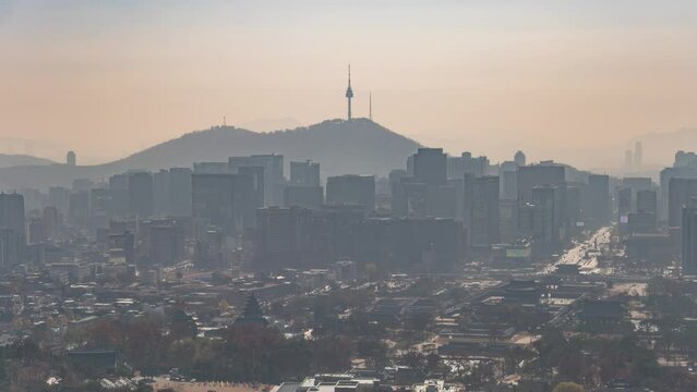 Seoul South Korea time lapse 4K, city skyline timelapse at Seoul city center with heavy ultrafine dust (PM 2.5)